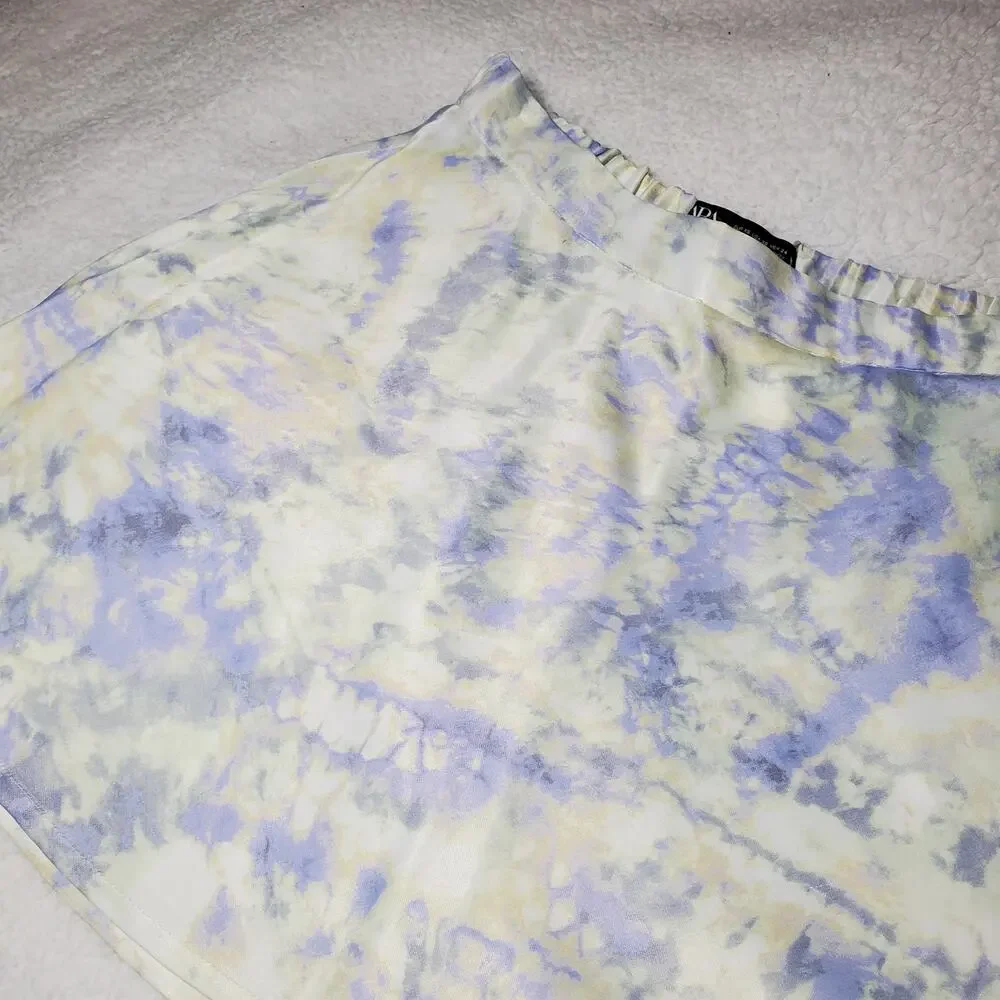 🔥 Zara XS Purple Lilac Yellow White Tie Dye Mini Skirt Satin Viscose Silky - Picture 7 of 15